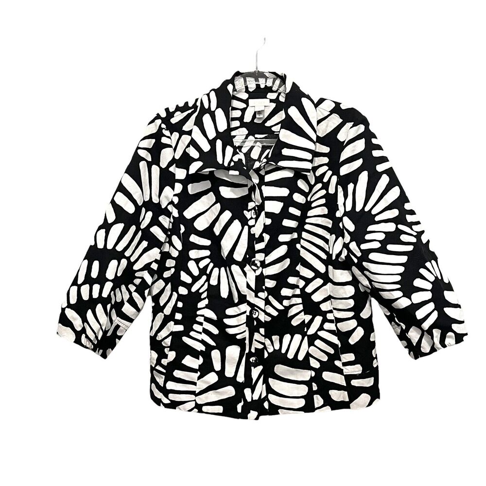 Chico’s Blazer Jacket Womens Black White Geometric 3/4 Sleeve Light Size Large